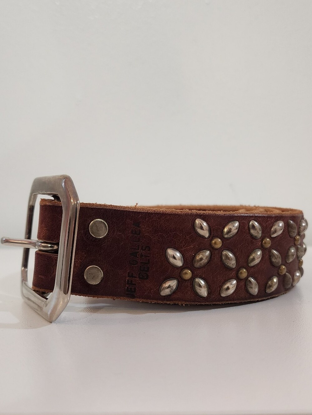 Brown Studded Leather Belt with Floral Metal Accents